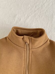SHEIN 2件組少女針織半拉鍊衛衣上衣 單面刷毛 休閒經典百搭淺灰色 - 棕色 - 查看 8