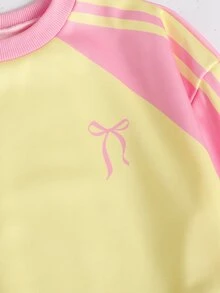 Tween女孩2件式休閒套裝，圓領粉黃拼色蝴蝶結印花衛衣與運動長褲2件組 - 粉色 - 查看 7