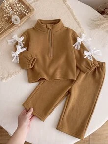 SHEIN 2件組少女針織半拉鍊衛衣上衣 單面刷毛 休閒經典百搭淺灰色 - 棕色 - 查看 6