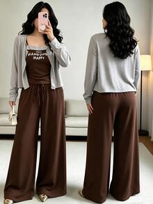 GlowEve CURVE Plus Size Fashion Casual Solid Coffee Brown Knit Cardigan, Front Button Closure, Contrast Letter Print Slim Fit Drawstring Decor, Elegant Casual Commute Daily Wear, Autumn Essential - Coffee Brown - View 3