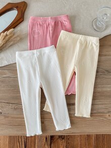 SHEIN Vintaside Kids 幼女柔軟天鵝絨打底褲，滿版愛心壓紋荷葉邊褲腳彈性腰頭日常下著 - 彩色 - 查看 7