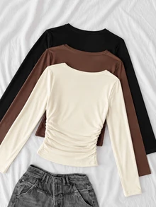 SHEIN 青少年女孩/大童女孩休閒百搭U領圓弧下擺抽褶腰純色長袖T恤 3件組 3包裝 - 彩色 - 查看 4