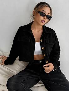 SHEIN PETITE 女款短版鈕扣長袖夾克，時尚百搭 - 黑色 - 查看 6