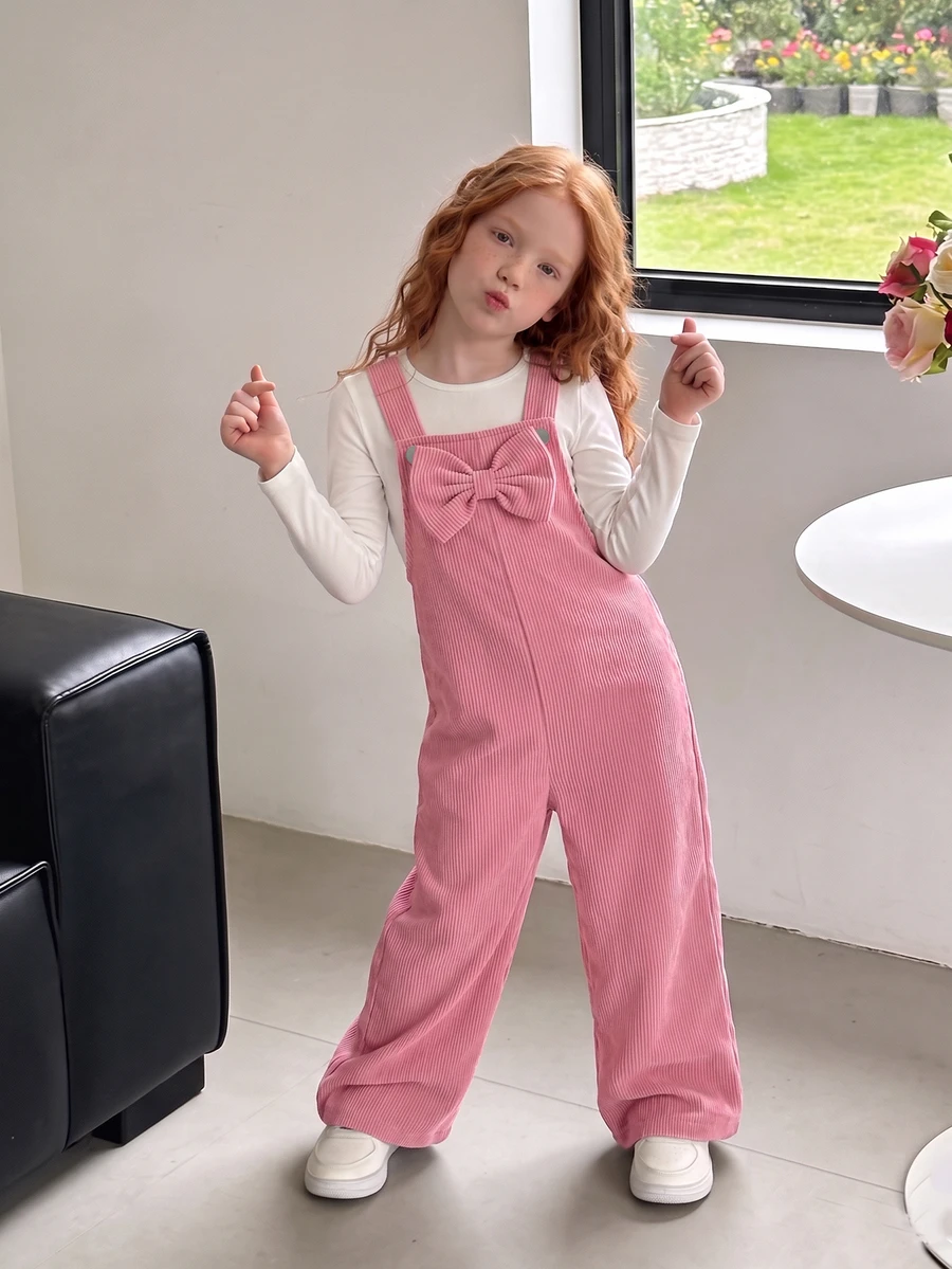 SHEIN Playful Pals Girls' Corduroy Overalls, New All-Season Style, Fashionable Sweet Design, Rose Red, 3D Large Bow Detail, Straight Leg Fit, Soft And Comfortable Fabric, Suitable For School, Commuting, Daily Outings, New All-Season Girls' Overalls - Hot Pink - View 1