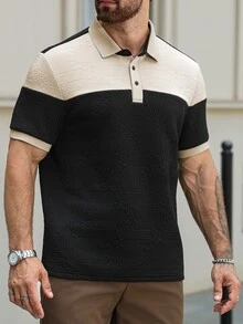 EGENSIO 男士鈕扣短袖 Polo 衫，標準版型，對比色拼接提花針織面料，領口與袖口對比色拼接，休閒日常通勤穿搭，3D 紋理對比色拼接提花針織面料 - 彩色 - 查看 5