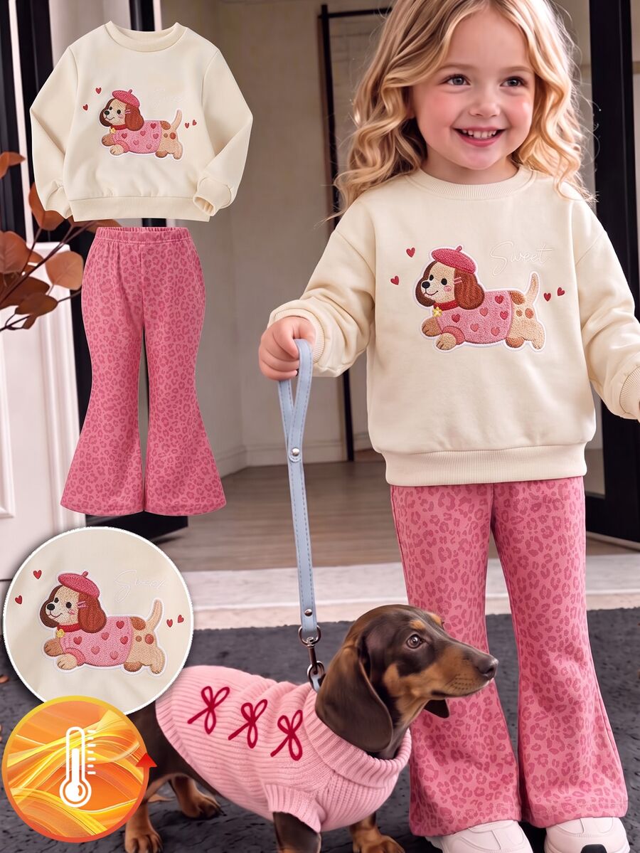 SHEIN Elladie kids 女童可愛活潑杏色臘腸犬小狗衛衣與豹紋粉色喇叭褲2件套 - 粉色 - 查看 1