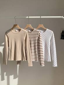 SHEIN 女童 3 件組上衣套裝，棕色條紋、白色波點、純色，條紋波點白色，舒適簡約優雅基本款休閒校園秋季 - 彩色 - 查看 1