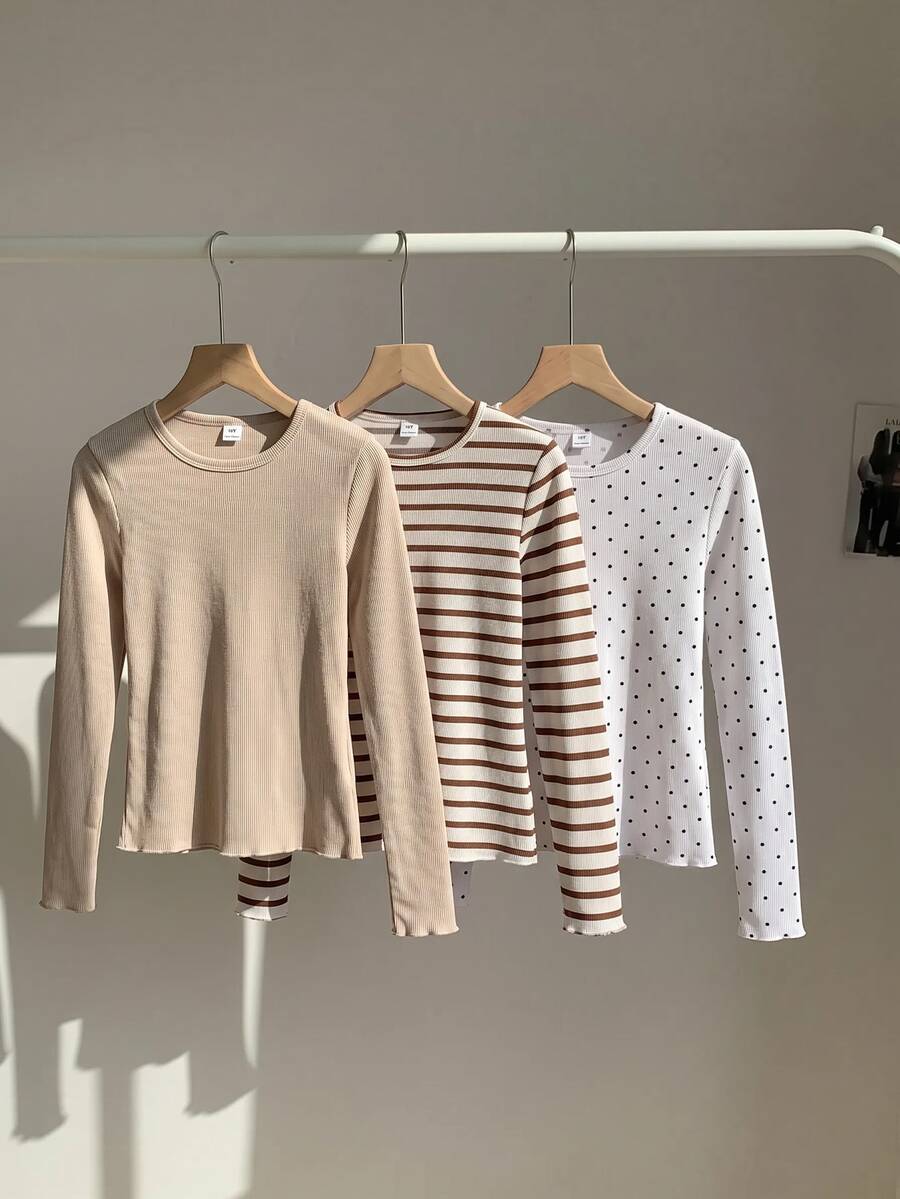 SHEIN 女童 3 件組上衣套裝,棕色條紋、白色波點、純色,條紋波點白色,舒適簡約優雅基本款休閒校園秋季 - 彩色 - 查看 1