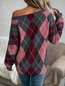 EMERY ROSE Women's Rhombus Pattern Asymmetric Shoulder Casual Daily Sweater - Multicolor - View 2