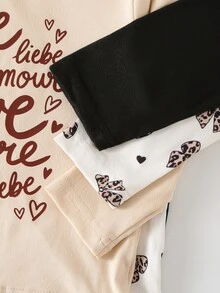 SHEIN 3套女嬰兒童休閒時尚豹紋蝴蝶、英文字母、印花條紋長袖柔軟3件套上衣與長褲，適合日常穿著，秋冬春季 - 黑色 - 查看 7