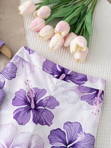 SHEIN Genkimix Kids 少女 2 件套：紫色半高領無袖背心上衣與印花寬腿長褲，適合海灘度假、短途旅行與日常散步的休閒穿搭 - 紫色 - 查看 3