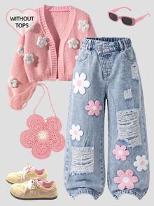 SHEIN 女童牛仔長褲，全新四季款，可愛復古淺藍牛仔色，不對稱腰部設計，粉色與白色對比毛巾刺繡，磨損毛邊下擺搭配雪洗效果，直筒寬腿版型，時尚百搭，柔軟舒適面料，適合日常穿著、聚會及其他場合，全新四季女童款 - 淺色水洗藍 - 查看 1