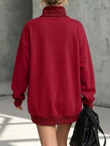 Trelyra Sweatshirt Wanita Lengan Panjang Model Bahu Longgar Kasual Warna Merah dengan Hiasan Kancing dan Kerah Tinggi - Burgundy - View 2