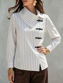 EMERY ROSE Plus Size New High Neck Long Sleeve Frog Button Decor Asymmetrical Hem Casual Daily Commute Striped Women's Blouse - Black and White - View 5