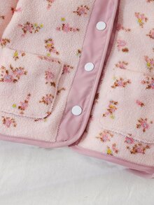 SHEIN 女童秋冬拼接花卉抓絨內裡按扣長袖夾克，4-7歲小女孩可愛西式外套上衣，冬季 - 粉色 - 查看 8