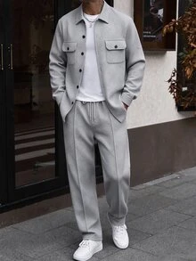 Manfinity CasualCool Men's Knitted Textured Button Front Design, White Classic Versatile Autumn/Winter Casual Jacket 2 Pieces Set - Light Grey - View 4