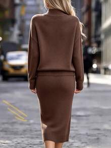 Cévolie Women's Solid Color Long Sleeve Top And Skirt Knit Set - Coffee Brown - View 3