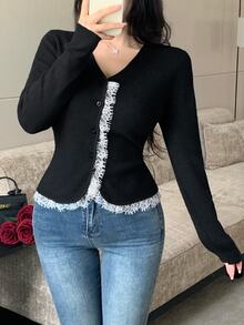 Modelyn Women's Lace Trim Button Front Long Sleeve Cardigan, Black, Autumn/Winter - Black - View 4