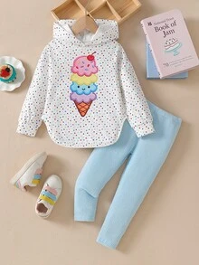 SHEIN Playful Pals 女童 2 件組可愛冰淇淋刺繡羅紋連帽上衣與淺藍色純色內搭褲套裝，甜美風 - 藍色 - 查看 4