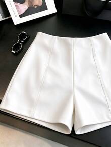 GlowEve CURVE Plus Size Women's Solid Color PU Leather Fashion Versatile Daily Casual Shorts - White - View 3
