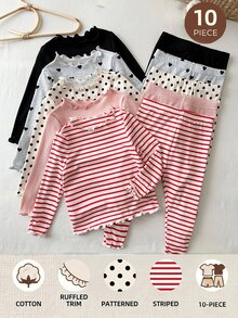 Kids 10pcs/Set Young Girl Knit Solid Color Polka Dot Striped Heart Pattern Ruffle Trim T-Shirt And Long Pants 10pcs -Piece Set - Multicolor - View 7