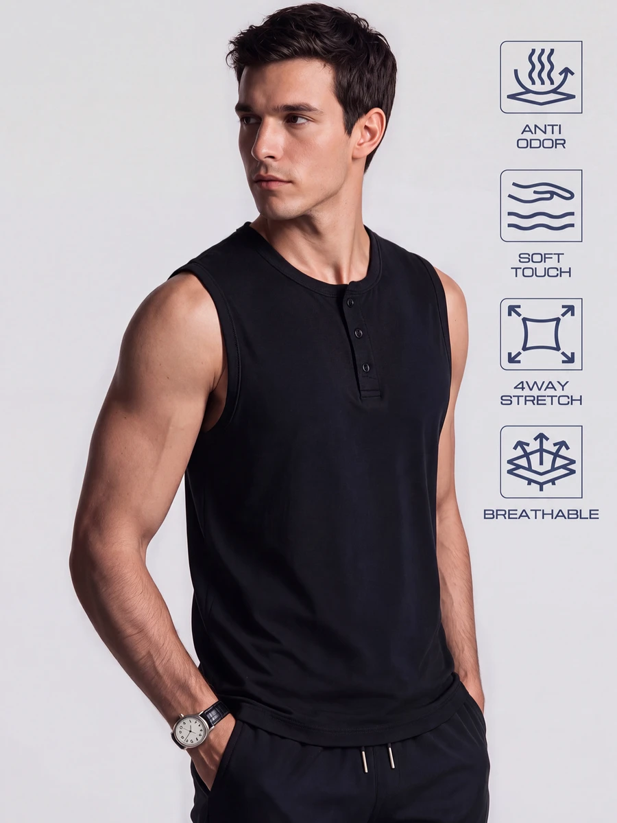 TekDrob Anti-Odor & 4-Way Stretch Modal Henley Tank Top With Soft Touch - Black - View 1