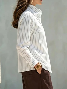 EMERY ROSE Plus Size New High Neck Long Sleeve Frog Button Decor Asymmetrical Hem Casual Daily Commute Striped Women's Blouse - Black and White - View 3