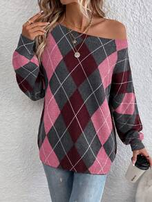 EMERY ROSE Women's Rhombus Pattern Asymmetric Shoulder Casual Daily Sweater - Multicolor - View 6