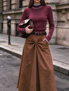 INAWLY Sweater Rajut Pullover Kasual Bertekstur Garis-Garis Musim Gugur/Dingin Terbaru, Romantis, Cocok untuk Perjalanan Sehari-hari, untuk Wanita Elegan - Coffee Brown - View 4