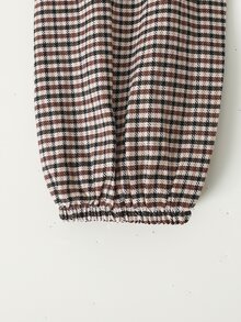Young Girl 復古娃娃風刺繡領拼接格紋層次蛋糕裙 A字中長洋裝，秋冬時尚穿搭 - 棕色 - 查看 4