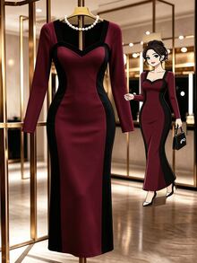 GlowEve CURVE Plus Size Women's Halloween Dress In Beige And Black Color Blocking. This Slim-Fit Autumn Dress Features An Elegant Look Perfect For Parties. Fall - Burgundy - View 3