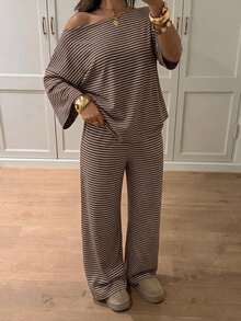 Siren Gaze 95%棉女款寬鬆單肩短袖T恤與長褲兩件套，條紋長褲套裝，女款休閒套裝 - 彩色 - 查看 6