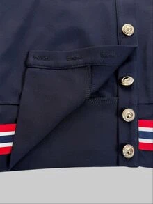 Trelyra Women's Single-Breasted Contrast Color Long Sleeve Top And Pants Casual Daily Set - Navy Blue - View 7