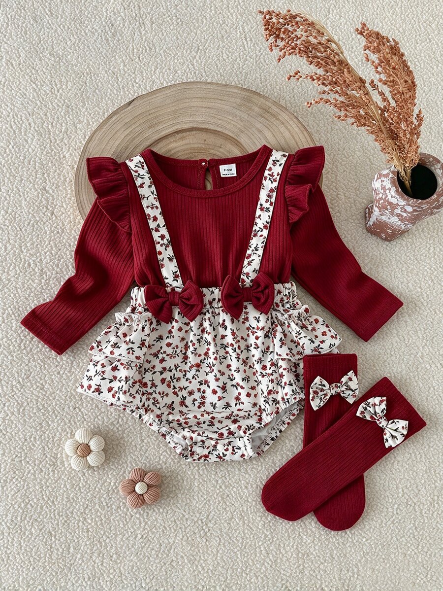SHEIN Playful Pals 2pcs Baby Girl Romper And Leg Warmers Sweet Burgundy Floral Bow Ruffle Ribbed Long Sleeve Ruffle Round Neck Regular Holiday Fall Princess Chic - Burgundy - View 1