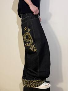 STEELVANCE Streetwear Retro Fashion Versatile Distressed Washed Embroidered Patchwork Design Loose Straight Wide Leg Casual Denim Jeans (Belt And Accessories Not Included) - Black - View 6