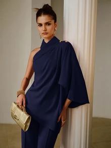 ZEYLAH Women's Solid Color One-Shoulder Fashion Versatile Top - Navy Blue - View 5
