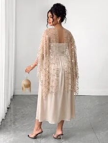 Elenzga Plus Size Women Coffee Brown Autumn/Winter Long Dress, Lace Patchwork Backless A-Line Skirt, Ruffle Hem, Fishbone Pattern Dividing Line, Long Train, Suitable For Party, Halloween, Various Events - Apricot - View 2