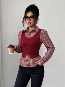 Elenzga 女款紅色格紋拼接羅紋布料翻領收腰顯瘦設計 2合1 高端優雅教師風服裝 日 Cyber Monday 萬聖節 單身派對 平安夜 聖誕節 感恩節 舒適秋季襯衫上衣 秋裝新款必備時尚單品 小眾設計 百搭風格 - 紅色 - 查看 6