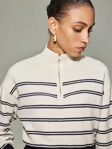 Anewsta Essential Women's New Autumn/Winter Long Sleeve Stand Collar Zipper Contrast Color Striped Knit Sweater - Apricot - View 6
