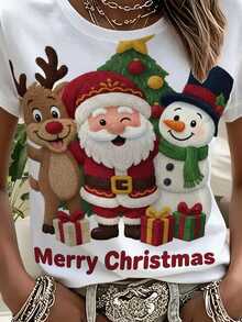 EMERY ROSE Plus Size Women'S Christmas Theme T-Shirt, Reindeer Santa Snowman Christmas Tree Gift Print, Holiday Party Casual Wear - Multicolor - View 3