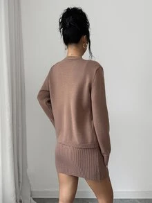 Elenzga Women's Autumn/Winter Mocha Brown Knit Set, Ribbed Texture, Cardigan And Cami Mini Skirt 2 Pieces Outfit, Elegant And Relaxed European Style, Suitable For Holiday, Date, Daily Commute, Party And Autumn Outings - Brown - View 2