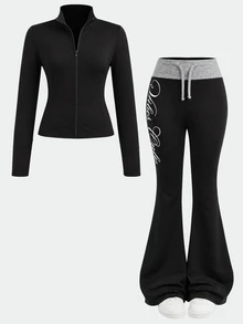 Barn- och tonårstjejens höst/vinter casual vardagsoutfit med stickad jacka med bokstavstryck i enfärgad svart, färgblockerad midja och utsvängda benbyxor, Back to School - Svart - Visa 2