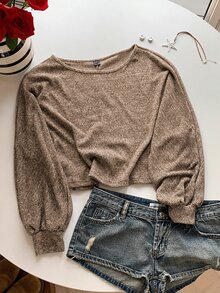 SHEIN EZwear 燈籠袖混色針織毛衣，秋冬款針織毛衣 - 駝色 - 查看 4