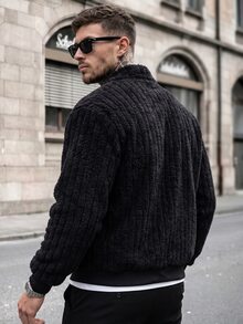 Manfinity CasualCool 男士長袖純色開襟抓絨外套，萬聖節、聖誕節、新年禮物 - 黑色 - 查看 2