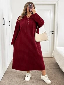SHEIN CURVE+ 女款大尺碼 22W 連帽長洋裝，秋冬季 - 酒紅色 - 查看 6