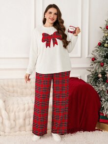 SHEIN LUNE Plus Size Women Bow Pattern Long Sleeve Top And Pants Casual Daily 2 Pieces Set Party Wear - Multicolor - View 6