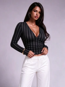Nooralise Black And White Striped Deep V-Neck Cinched Waist Slim Fit Draped Long Sleeve Top - Black - View 3