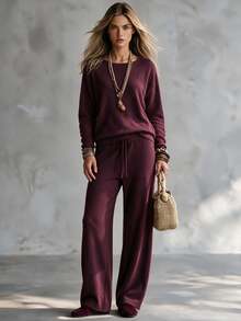 SHEIN Minimalist Commuter Knit Set, Dropped Shoulder Long Sleeve Top & High Waist Straight Wide Leg Pants - Burgundy - View 6