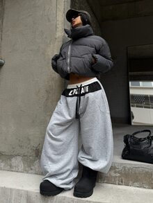 Coolane Women's & Men's Winter Streetwear Casual Going Out Sportswear Athleisure Graphics Color-Blocked Grey Elastic Waistband Banana Harem Pants - Grey - View 1
