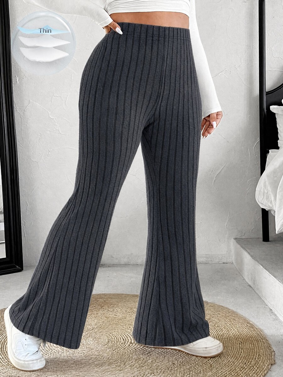 SHEIN EZwear 大尺碼女款素色開衩羅紋喇叭褲 秋季 - 深灰色 - 查看 1